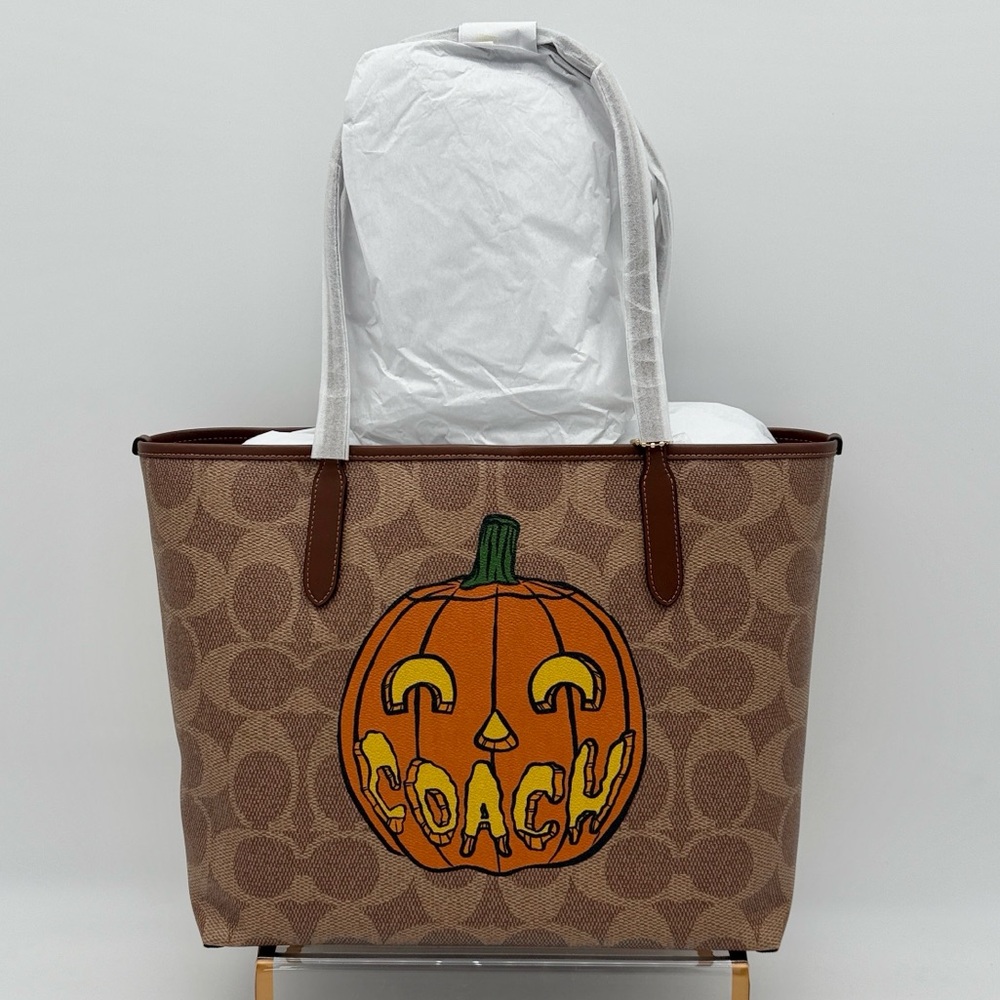 Coach City Tote Bag In Signature Canvas With Halloween Print Gold/Tan Multi